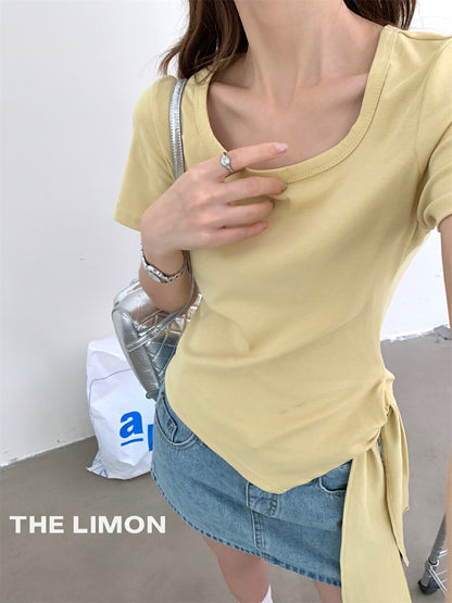 【L8668】實拍檸檬圓領綁帶不規則短袖T恤250421