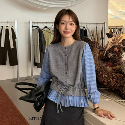 【LKG11229】KITTIN知性通勤・假兩件襯衫袖拼接針織小外套 (附綁帶)260921