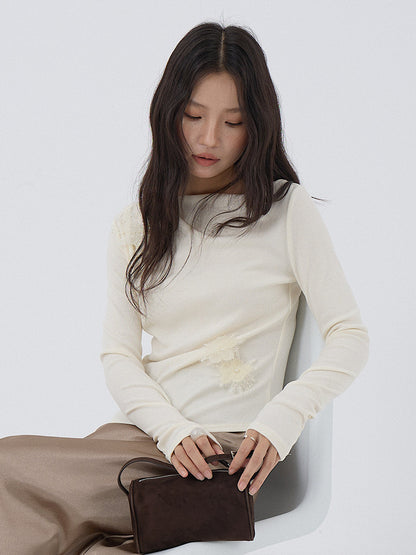 【LD3277】實拍立體花朵長袖一字領T恤251103