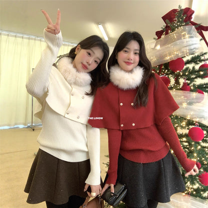 【LNM8377】實拍檸檬秋冬毛領斗篷＋坑條針織 2件套251215