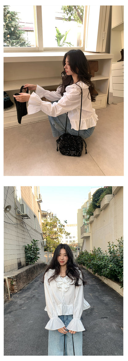 【H5009】實拍早春韓系荷葉V領泡泡袖襯衫250210