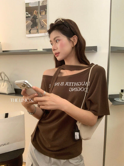【L10723】韓系簡約休閒感☁️字母印花薄款寬鬆露肩綁帶短袖T恤260602