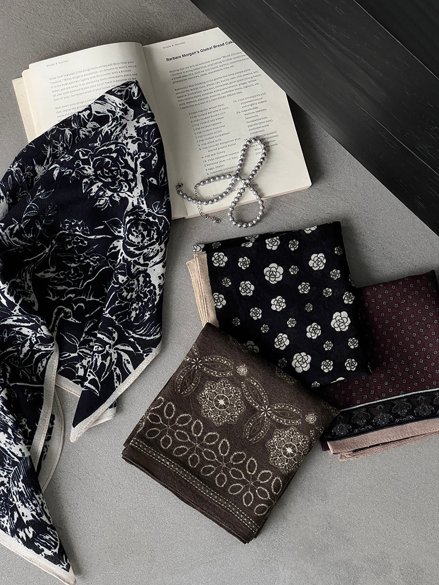 【cim865】實拍黑標100綿羊毛復古山茶花小方巾法式頭巾圍巾 251030