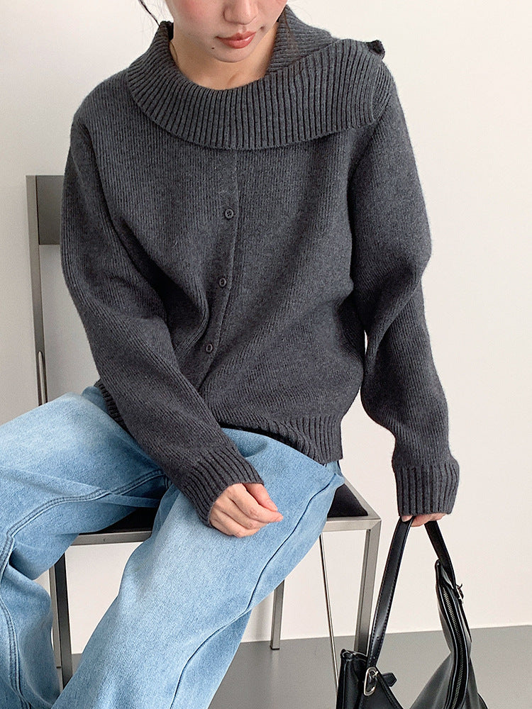 【LD11002】實拍秋冬法式設計感斜領針織毛衣外套251110