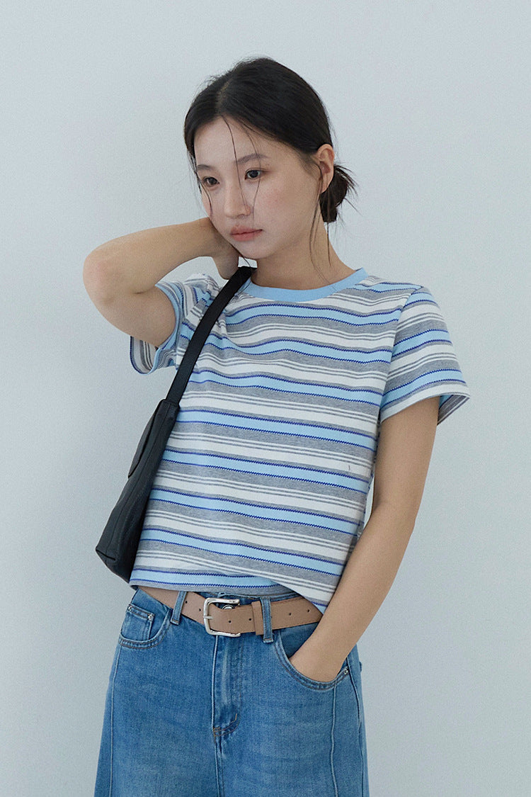 【LD11184】夏日清新海鹽藍🌊時髦百搭正肩顯瘦條紋圓領短袖T恤260324