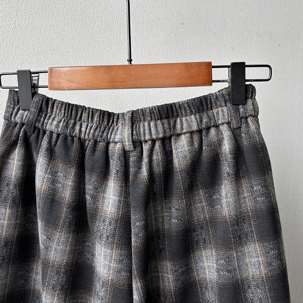 【YG8095】實拍日系復古呢料格紋直筒七分闊腿褲251016