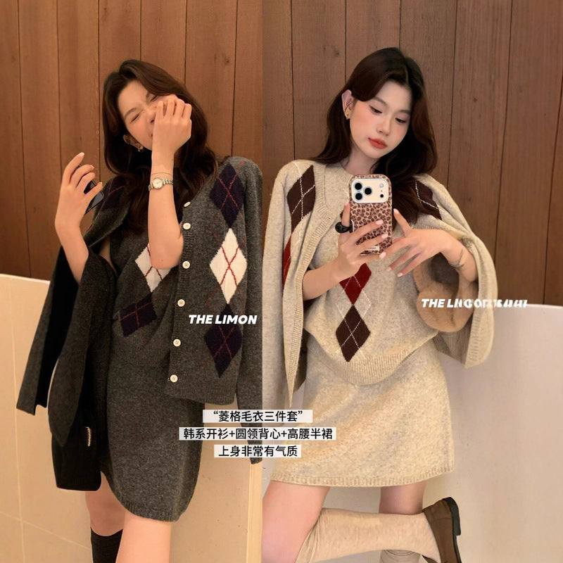 【L6880】實拍檸檬秋冬菱格針織開衫+圓領背心+針織裙251117