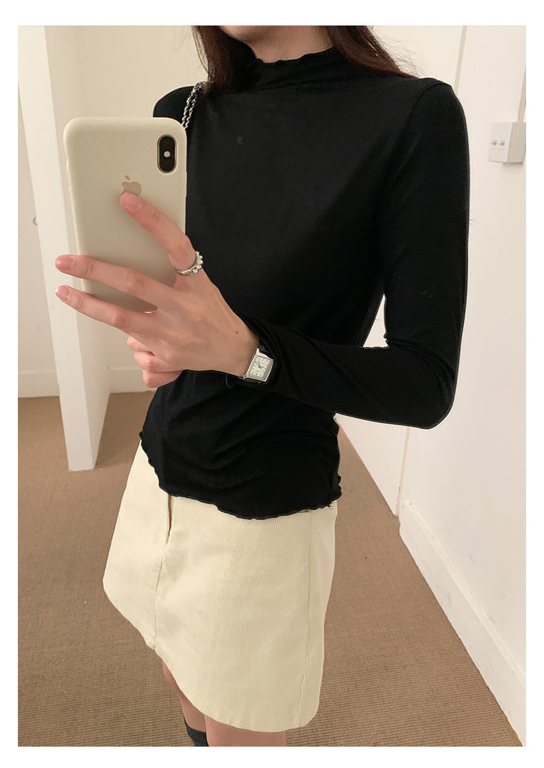 【H568】實拍基礎款木耳邊半高領純色打底衫251021