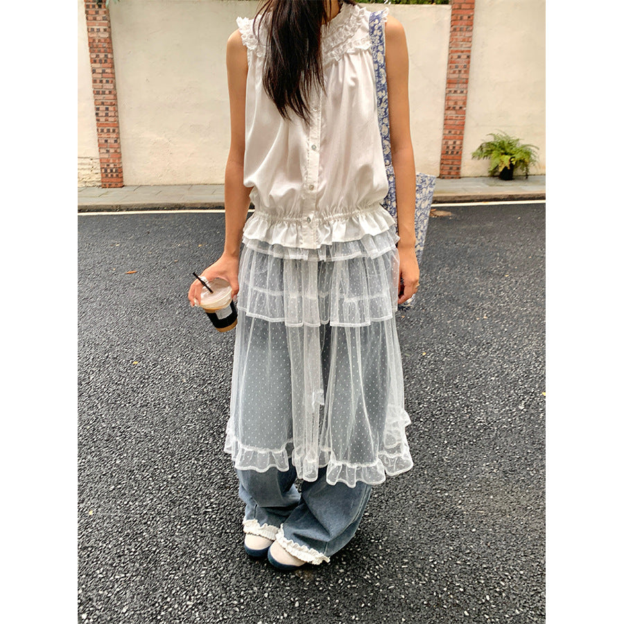 【H525】實拍夏天韓國氣質小荷葉無袖襯衫250513