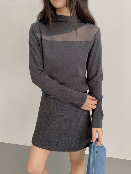 【LD11024】實拍氣質網紗拼接加絨半高領長袖T恤251124