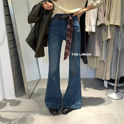【L2625】實拍S~L檸檬家復古顯瘦高彈高腰喇叭牛仔褲＋腰帶250901