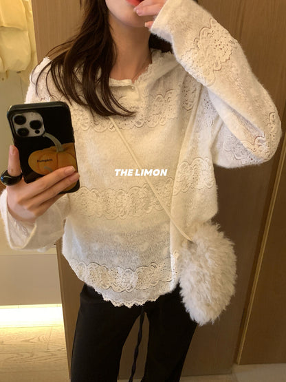【L9359】實拍檸檬秋冬重工鈎花蕾絲寬鬆連帽蕾絲衫251117