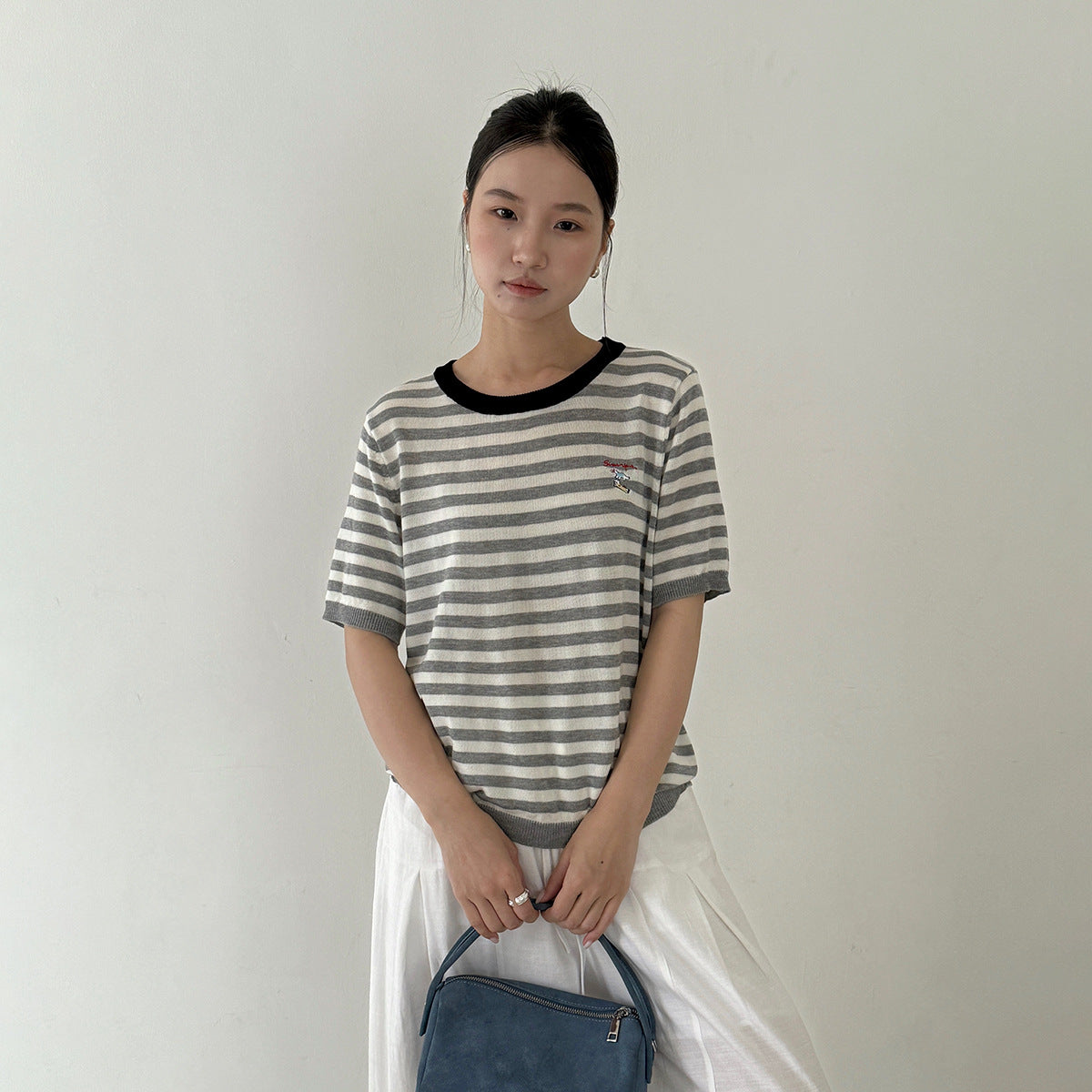 【LD11220】實拍休閒百搭經典款🐎小馬刺繡條紋寬鬆圓領短袖針織上衣260407
