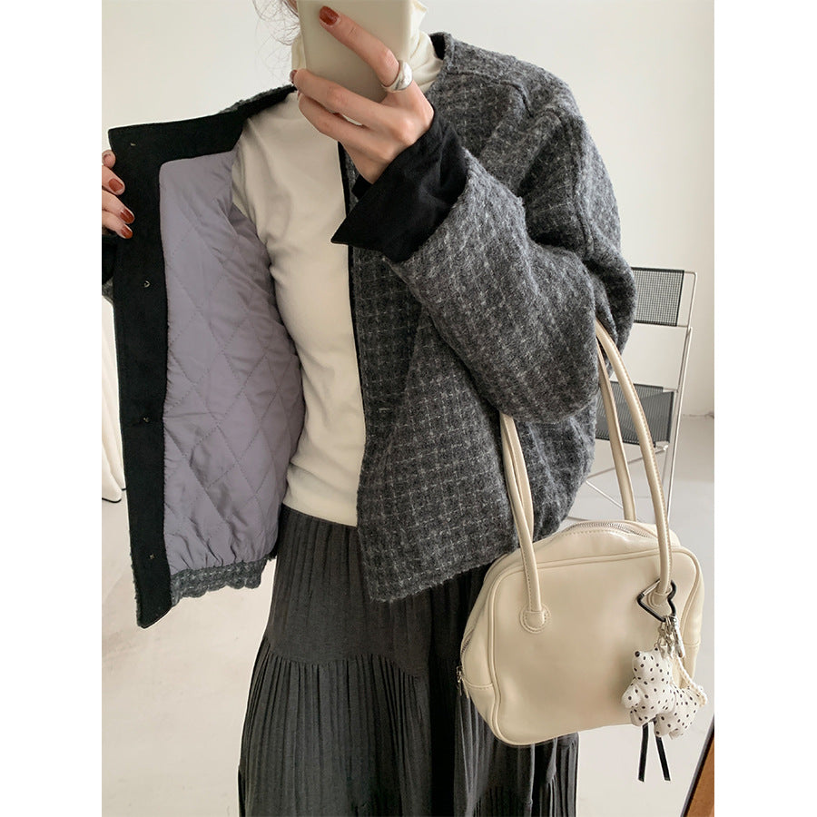 【H5475】實拍小香風粗花呢氣質保暖夾棉外套251109