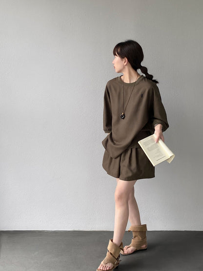 【cimz66173】老錢風休閒穿搭☕小馬刺繡防曬棉麻五分袖上衣+短褲兩件套260612