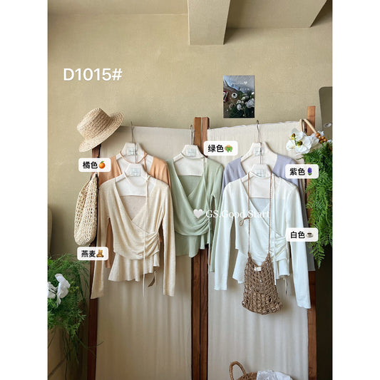 【LD1015】法式優雅氣質🌸浪漫荷葉邊V領長袖針織衫(附飄帶)260323