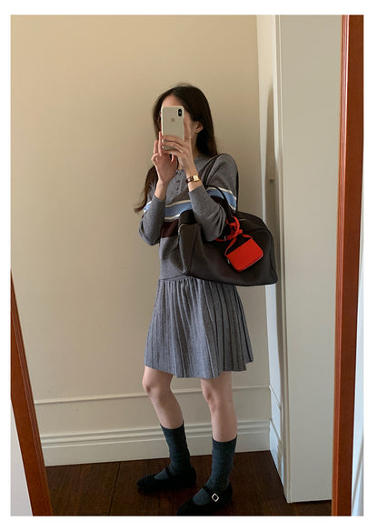 【H5518】實拍復古中性條紋針織衫＋針織百褶裙251125