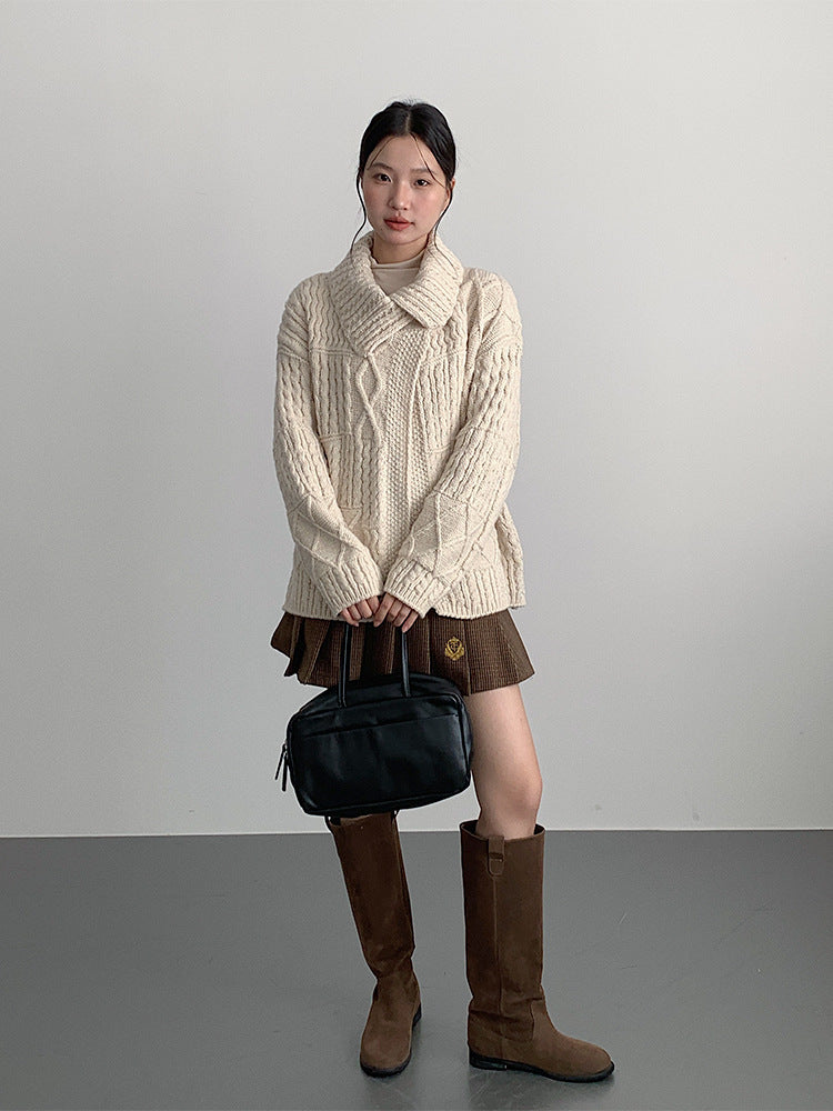 【LD3297】實拍復古立體厚實絞花大翻領毛衣外套251103