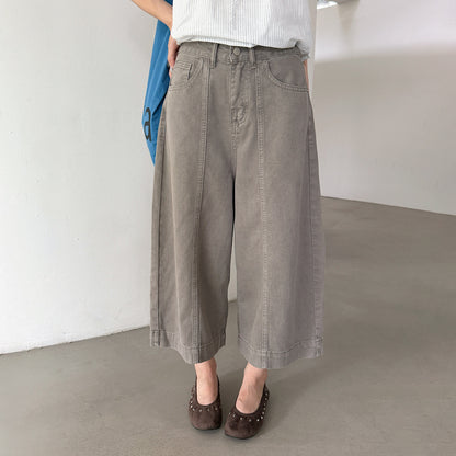 【LD11373】美式S~XL復古百搭👖水洗棉分割設計高腰顯瘦牛仔七分寬褲260630