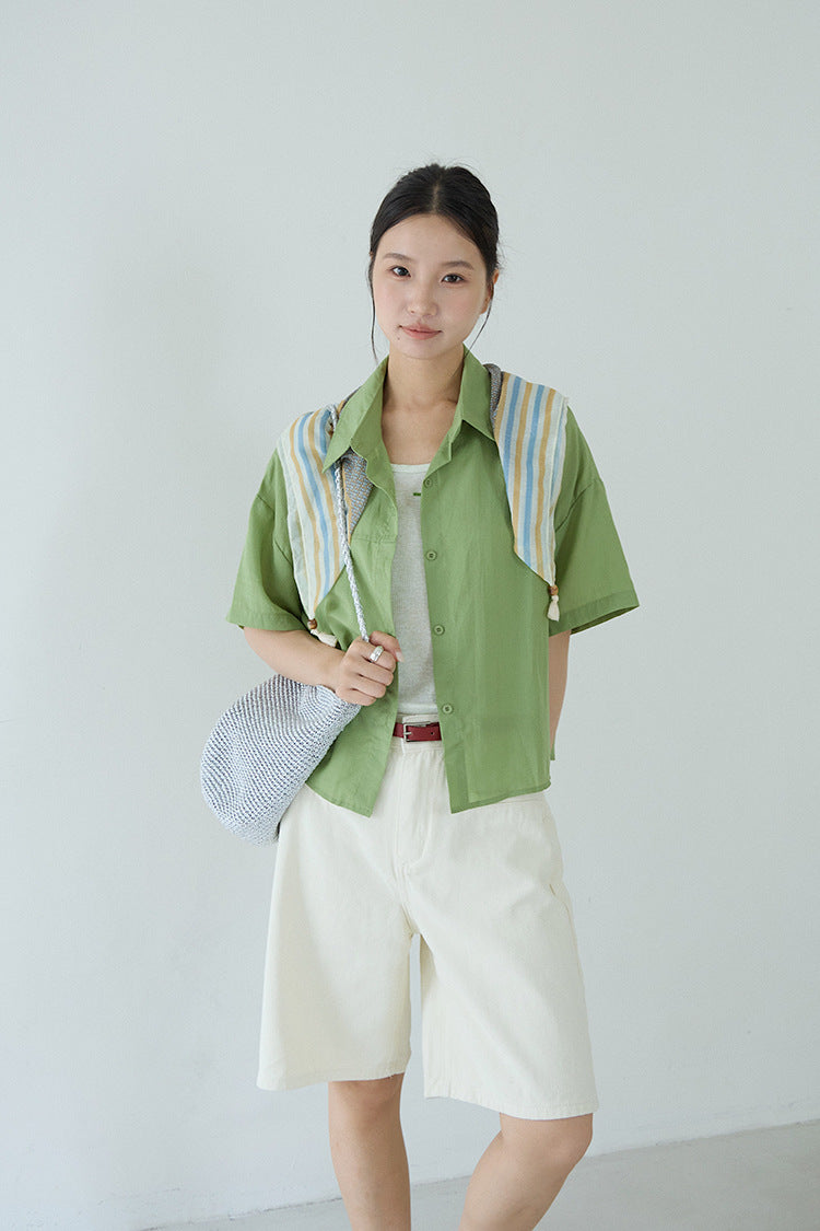 【LD11301】韓系休閒OOTD☕米杏色高腰牛仔棉五分褲+時髦腰帶鑰匙包配件260519