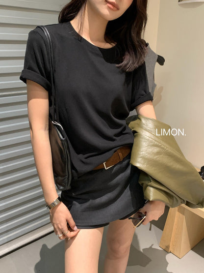 【L11059】檸檬早秋韓系簡約後背虛線小馬刺繡寬圓領寬鬆短袖T恤260728