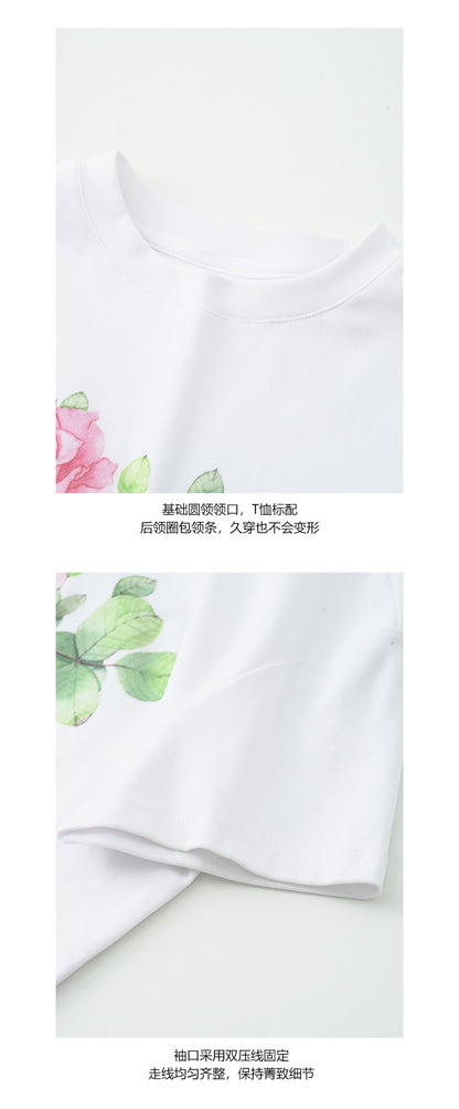 【H5240】實拍夏季玫瑰印花舒適棉T恤250506