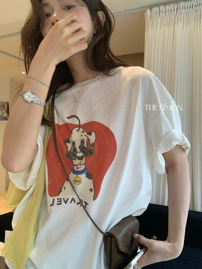 【L10358】童趣可愛減齡🐶韓系復古斑點狗卡通印花寬鬆短袖T恤260428