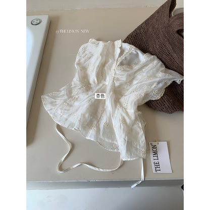 【L10551】時髦法式女伶✨氣質鏤空刺繡顯瘦收腰綁帶V領短袖襯衫260518