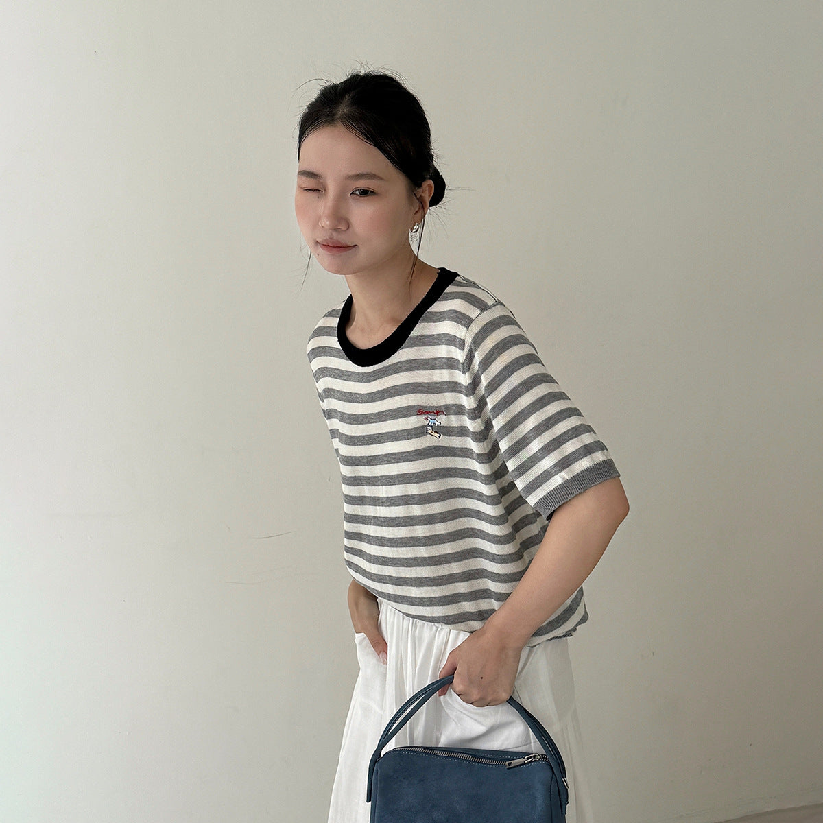 【LD11220】實拍休閒百搭經典款🐎小馬刺繡條紋寬鬆圓領短袖針織上衣260407