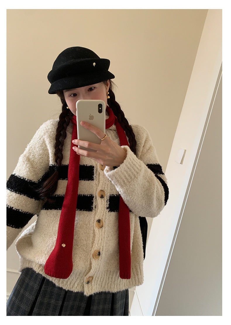 【H5511】實拍 懶懶撞色條紋開衫針織毛衣
251118