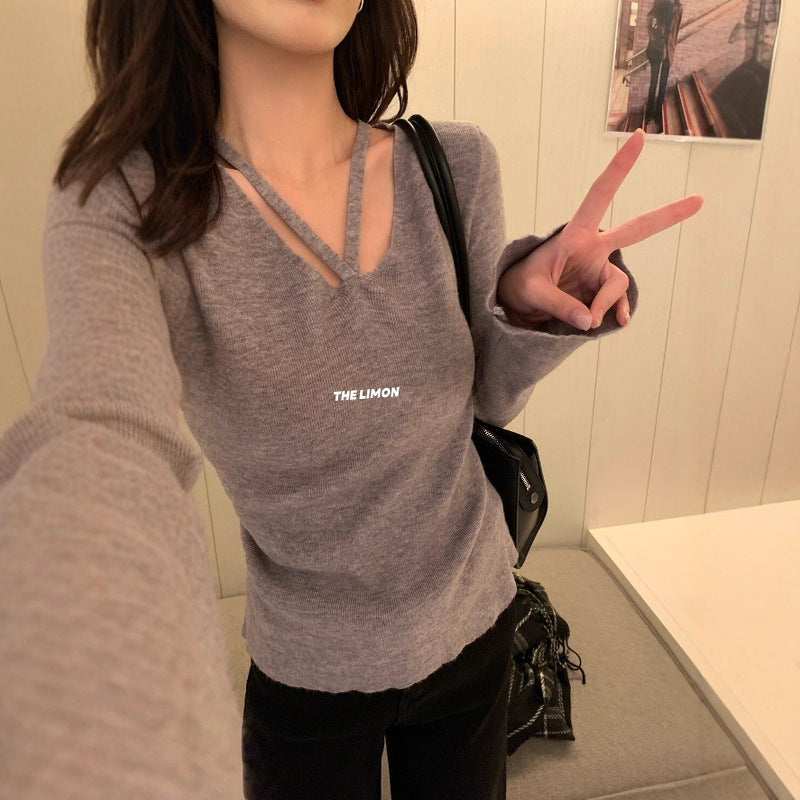 【L8368】實拍檸檬簡約羊毛羊絨喇叭袖長袖針織衫251117
