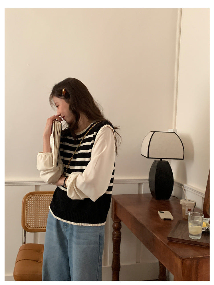 在台現貨【H742】實拍韓國清新氣質設計假兩件上衣