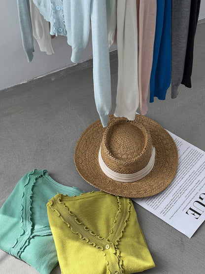 【cimz5643】韓系清新氧氣感🍃寬鬆顯瘦木耳邊V領花邊薄款針織上衣260319