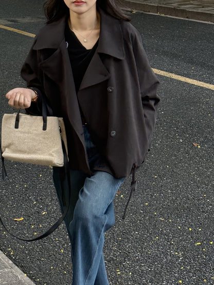 【Y82662】英倫復古・天絲棉縮腰短版休閒風衣外套260917