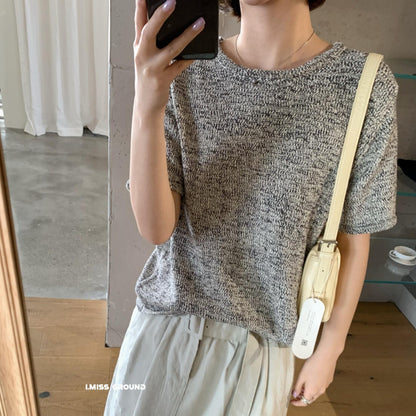 【LR991371】實拍imiss高級感氣質！高級感混雜色圓領短袖針織衫260305