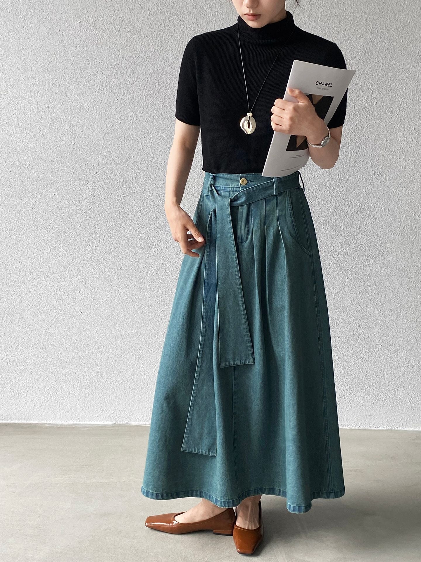 【cimz6517】實拍韓系簡約休閒風✨高腰顯瘦綁帶A字長版牛仔裙260409