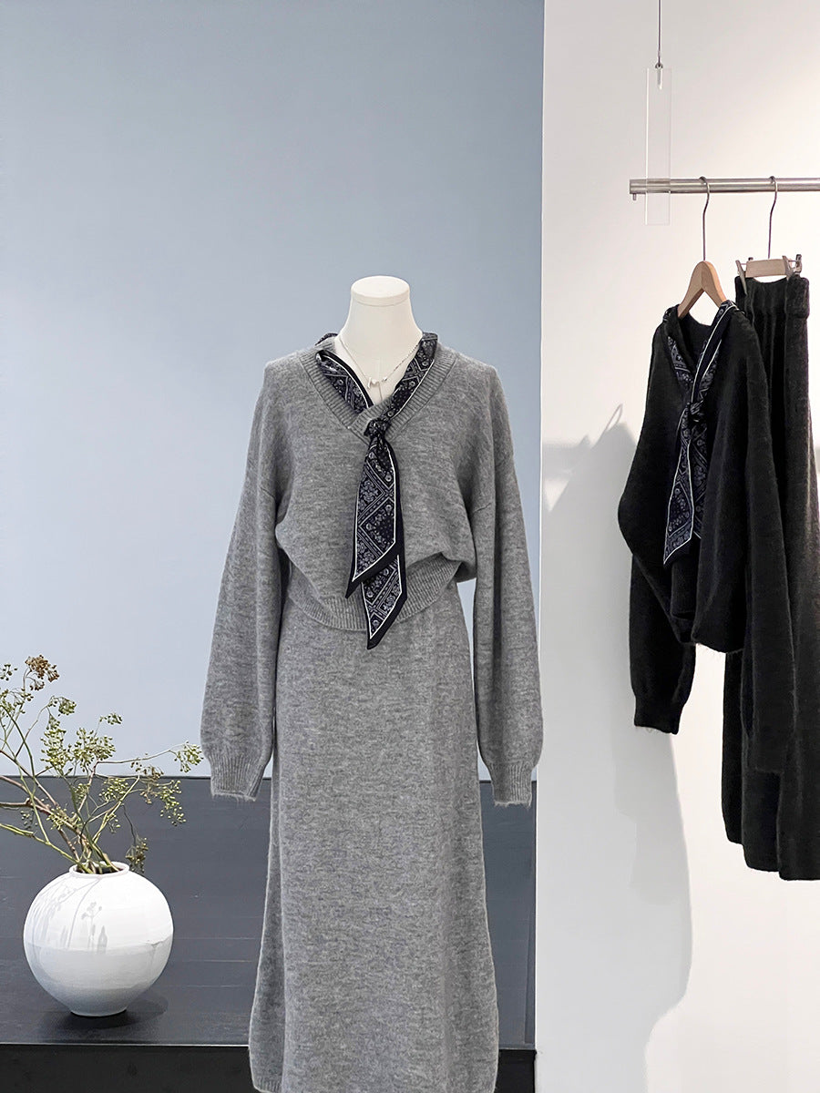 【cim823】實拍韓系軟糯短版針織毛衣+絲巾+針織長裙251030