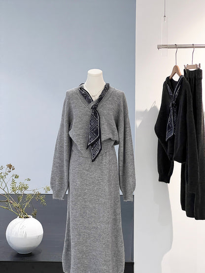 【cim823】實拍韓系軟糯短版針織毛衣+絲巾+針織長裙251030