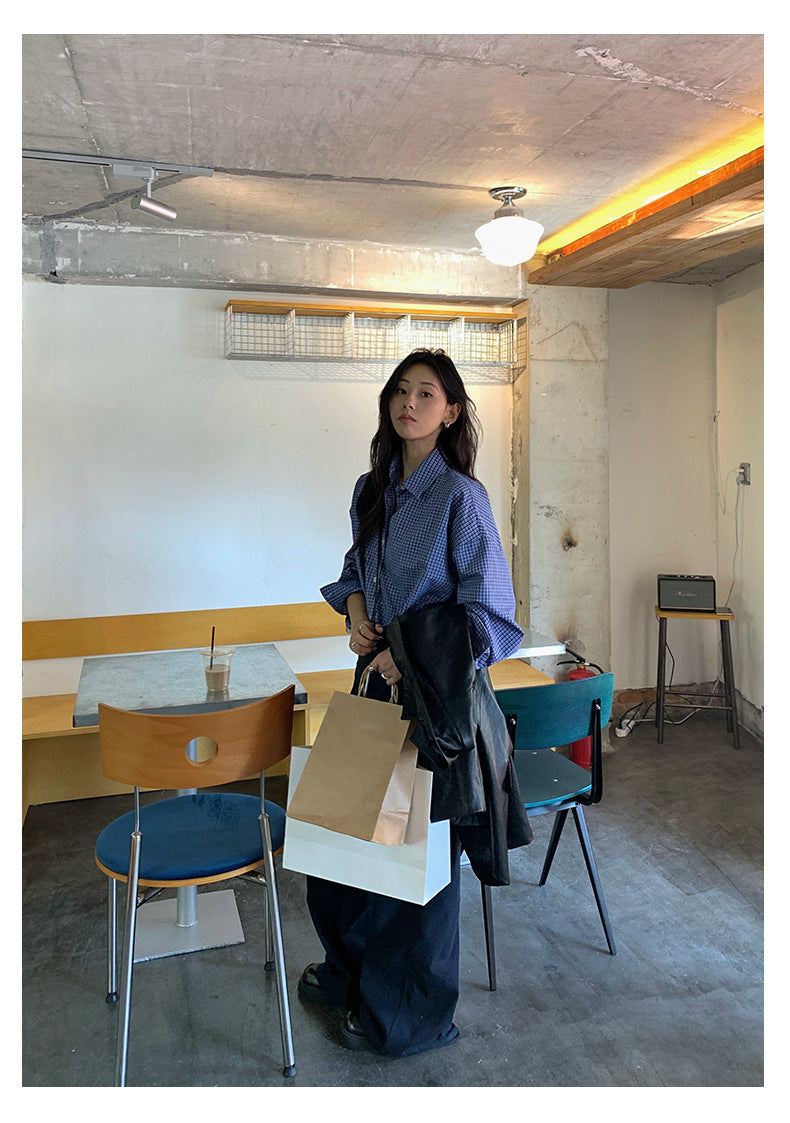 【H5401】實拍後背開叉藍色格子長袖襯衫250902