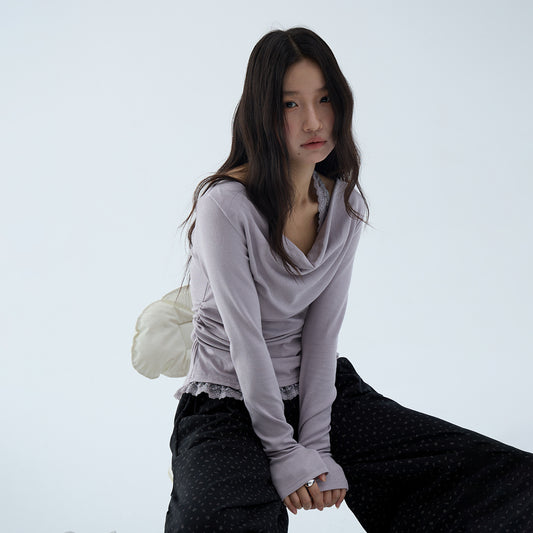 【L3140】實拍初秋極美蕩領蕾絲掛脖假兩件長袖T恤250827