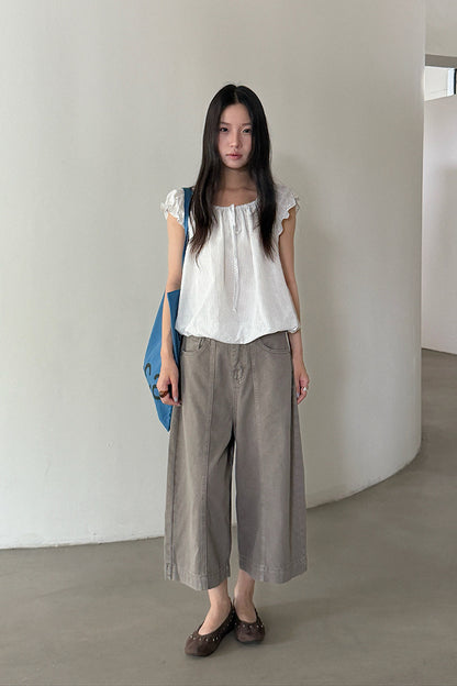 【LD11373】美式S~XL復古百搭👖水洗棉分割設計高腰顯瘦牛仔七分寬褲260630
