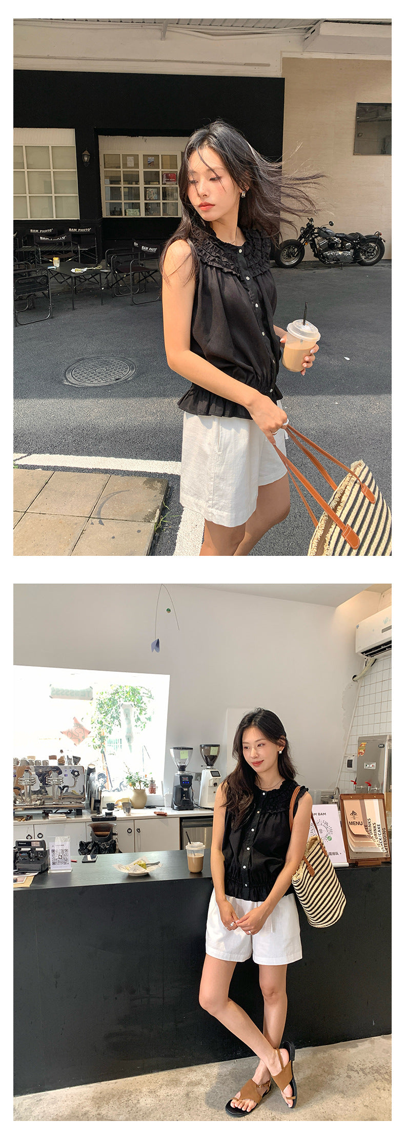 【H525】實拍夏天韓國氣質小荷葉無袖襯衫250513