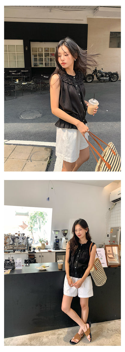 【H525】實拍夏天韓國氣質小荷葉無袖襯衫250513