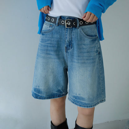 【LD11214】實拍美式復古休閒👖高腰水洗寬鬆直筒牛仔五分褲/中褲260331