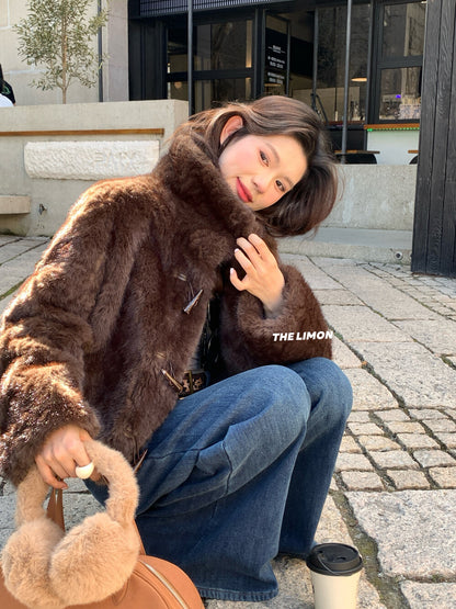 【L1230】實拍檸檬冬季加厚保暖立領牛角扣仿皮草外套251117