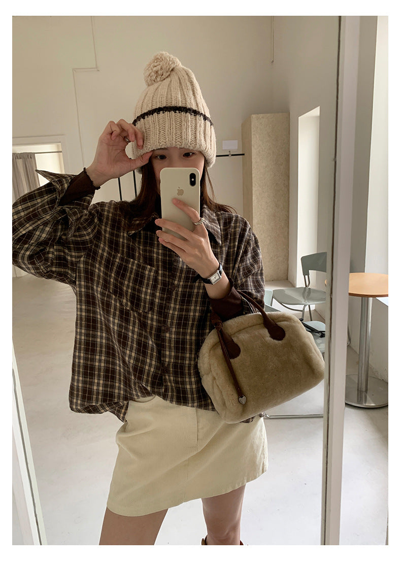 【H570】實拍復古寬鬆毛呢格子襯衫外套251021