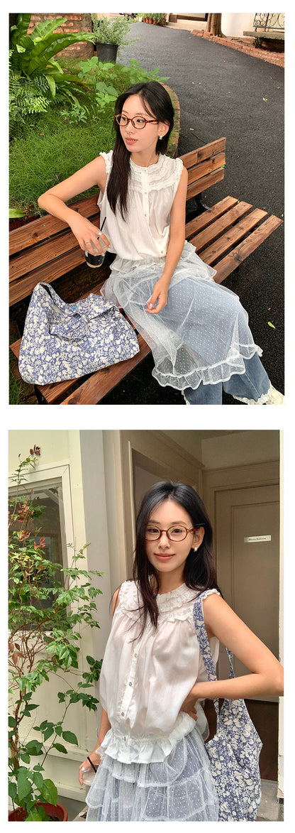 【H525】實拍夏天韓國氣質小荷葉無袖襯衫250513