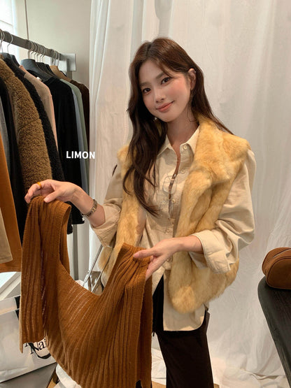 【L11515】燈芯絨縮腰長袖襯衫＋針織披肩圍巾261013