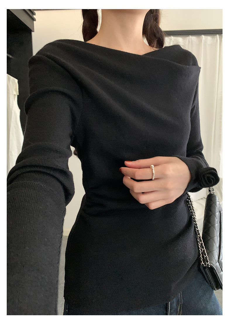 【H5487】實拍秋冬褶皺露肩針織衫251109