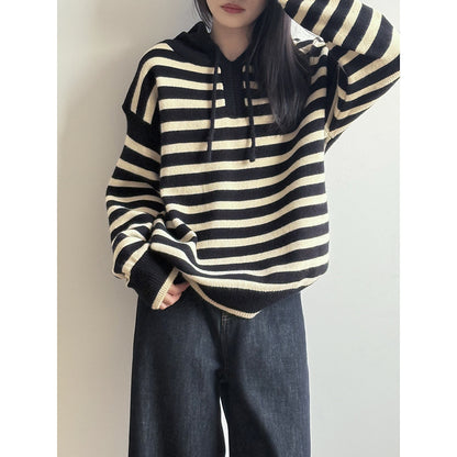 【Y899】實拍冬季條紋針織連帽毛衣251106